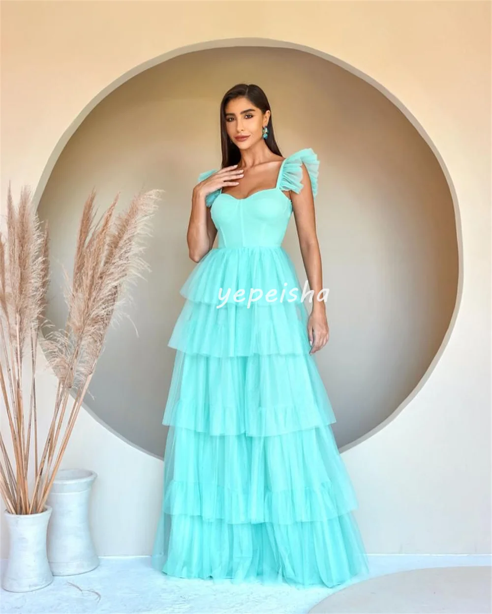 Customized Simple Tulle Pleat Tiered Pleat A-line Square Neck Long Dresses Bespoke Occasion Dresses Exquisite Elegant