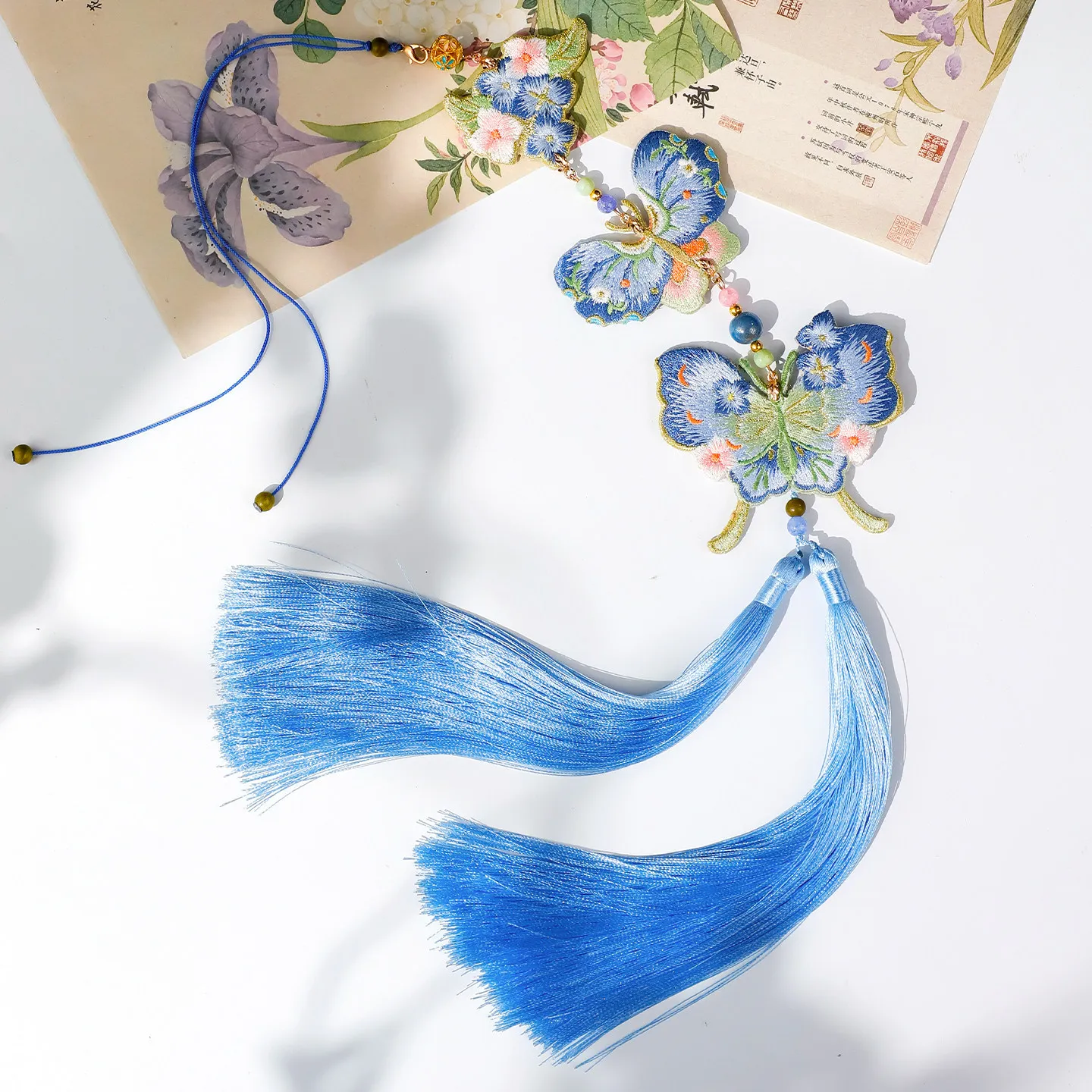 Vintage Chinese Blue Butterfly Embroidered Tassel Beaded Pendant Hanfu Charm Versatile Hanging Decor For Bag And Car Accessory