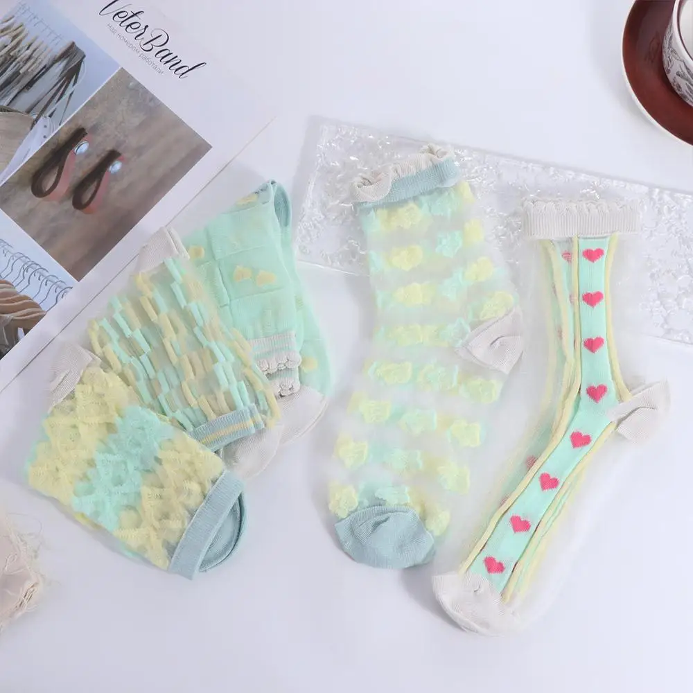 Funny Mesh Glass Silk Lace Transparent Socks Cloud Love Heart Crystal Silk Stripe Mid Tube Socks Patchwork JK Women