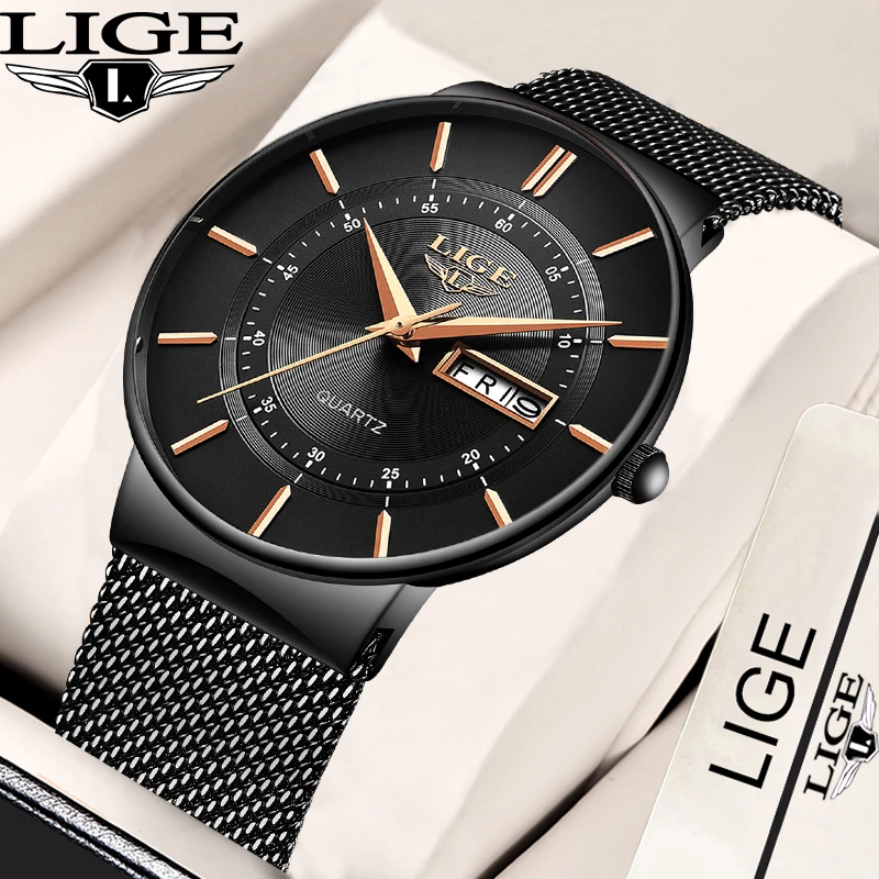 

LIGE Fashion Luxury Quartz Man Watch Top Classic Simple Mesh Belt Big Dial Watches for Men Waterproof Ultra Thin Auto Date Clock