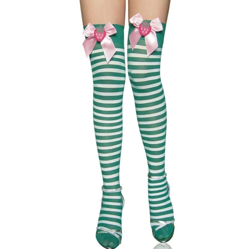 Festivals Striped High Thigh Long Socks with Sweet Strawberry Bows for Women Christmas Over the Knee Stockings Tights 15UB