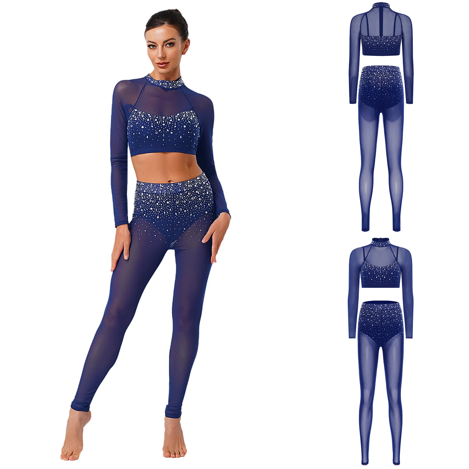 Completo da donna moderno per pattinaggio di figura, top a maniche lunghe + slip incorporati, leggings, collant, abbigliamento da ballo per allenamento di ginnastica latina