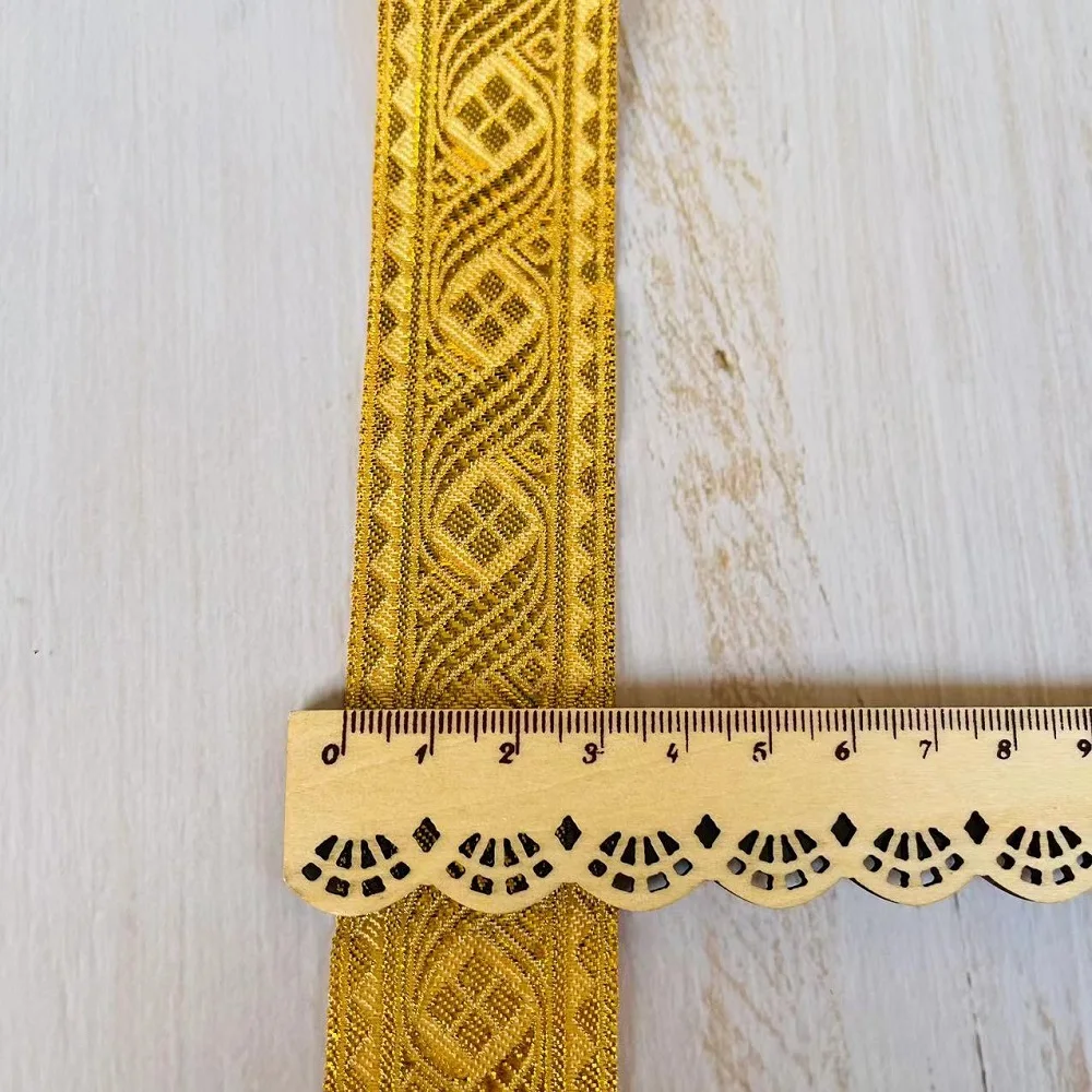 7 Meters /Lots Ethnic Style Webbing Woven Jacquard Ribbon 3.3 CM  Gold For Garment Straps Accessory IS-3280