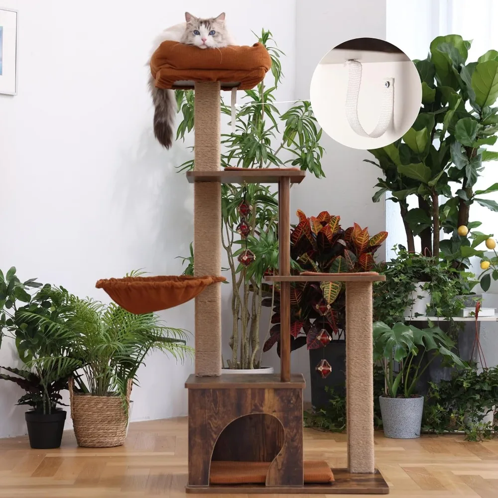 Cat Tree, 4 in 1 Large Modern Cats Tower with Jute Scratching Post and Hammock, Wood Cat Condo with silvervine Balls