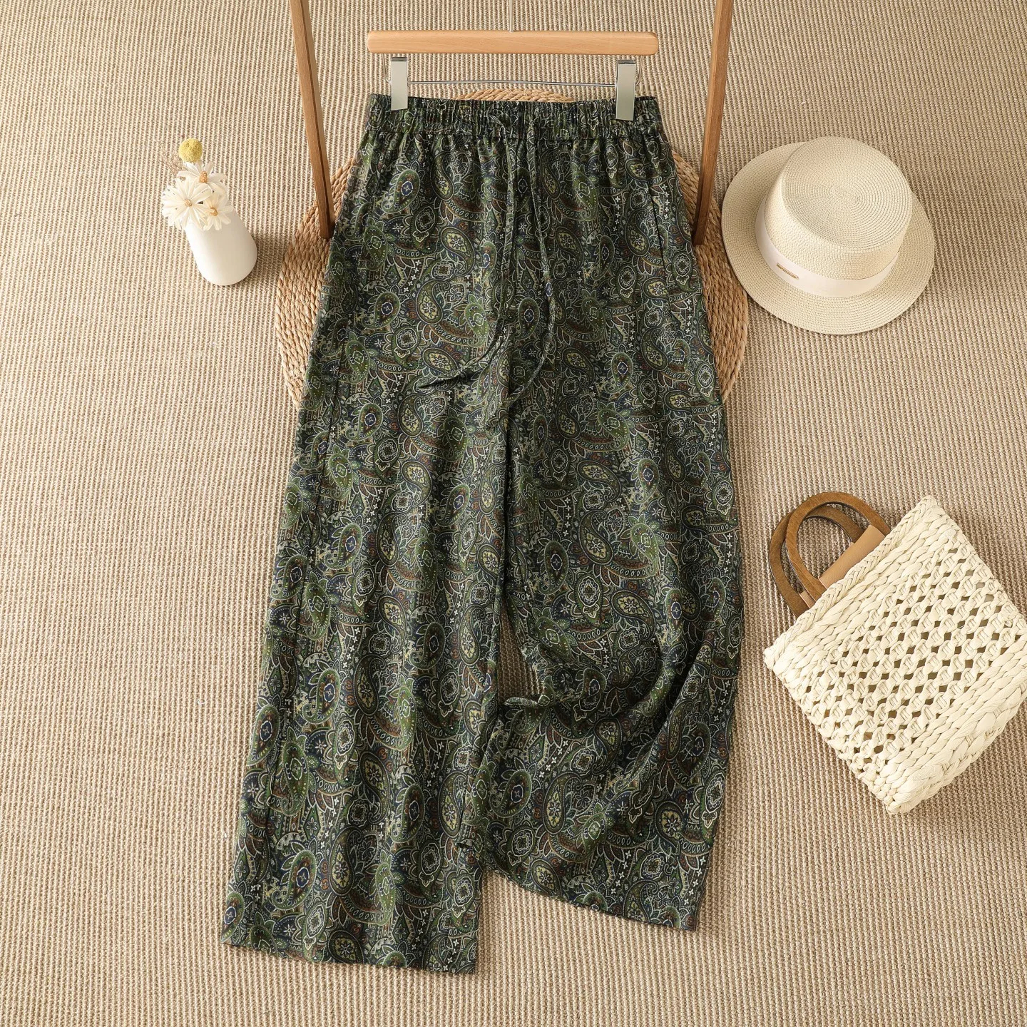 Lightweight Cotton Linen Daisy Print Elastic Waist Casual Pants Long Loose Fit Summer Quality Women's plus Size Straight Leg