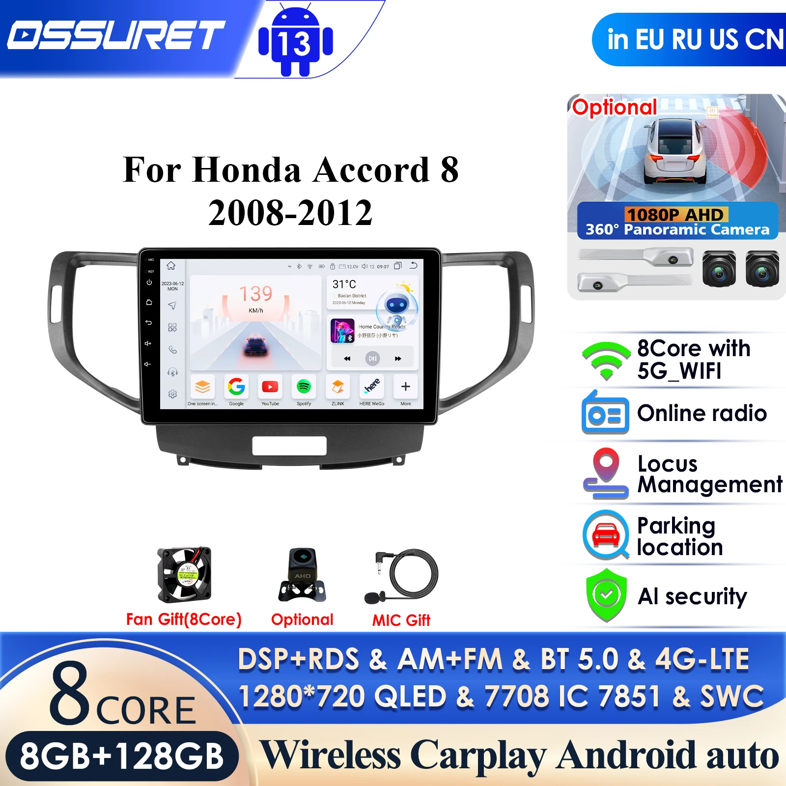 For Honda Accord 8 Spirior Accord Ⅷ Car Radio Multimedia Video Player Navigation GPS 2din Android 12 Autoradio Carplay Auto 4G