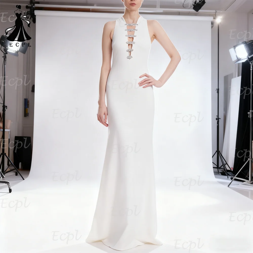 

Ecpl White Halter Evening Dresses with Crystal Mermaid Satin Sleeveless Prom Party Gown Back Zipper vestidos de fiesta elegantes