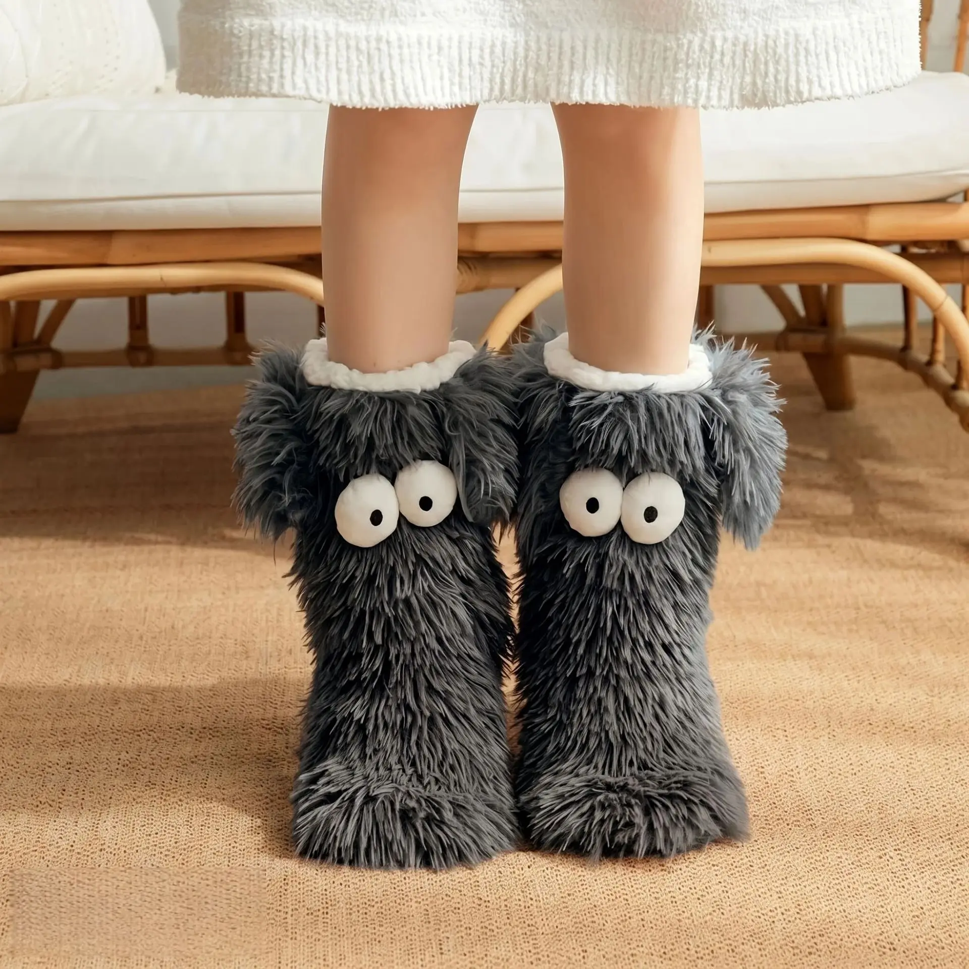 Women's Men Winter Kawaii Big Eyes Slipper Socks with Puppy Ears Cartoon Non-slip Floor Socks Warm Thickened Coral Stockings ﻿