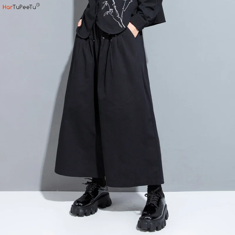 

2023 New Autumn Wide Leg Pants Women Cotton Elastic High Waist Black Trousers Gothic Comfy Casual Pockets Pleated Cropped Capris