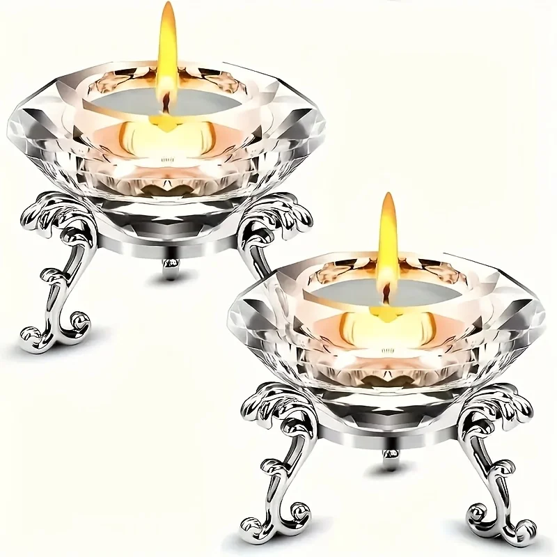 2pcs K9 Crystal Diamond Candle Holder Set with Polished Metal Stand - The Perfect Choice for Home, Office And Party Decoration
