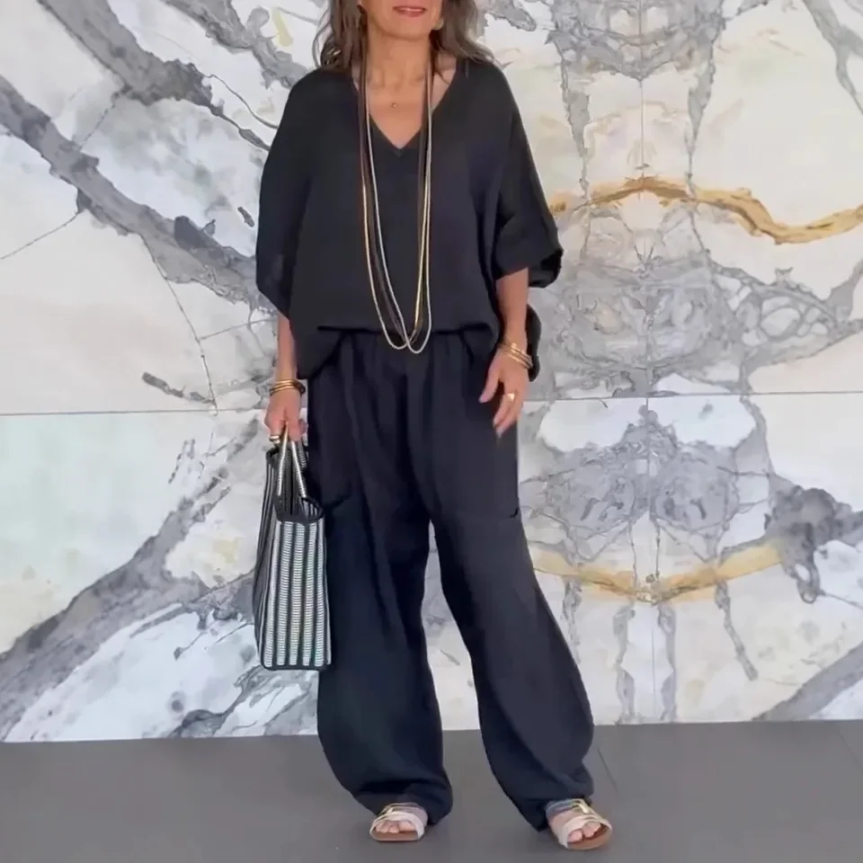 Set Pakaian Wanita Musim Semi Panas 2025, Warna Solid Katun Linen, Atasan Lengan Kelelawar Kerah V, Celana Kaki Lebar, Kasual Longgar, Set 2 Potong