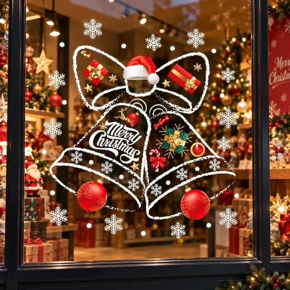 Adesivos de Natal para Janela com Sino, Grandes, Impermeáveis, Decalque de Natal para Janela, Adesivo Decorativo Sem Cola