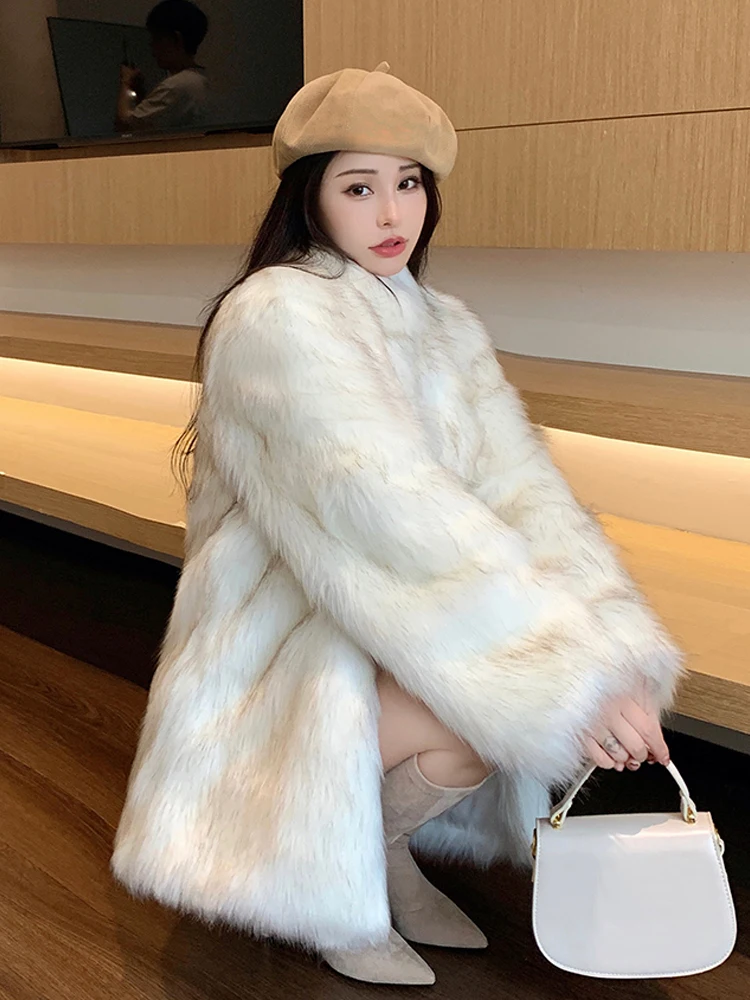 2024 Women Turtleneck High Quality Plush Faux Fur Jacket Autumn Winter New French Advanced Sense Three Buttons Office Lady Coat