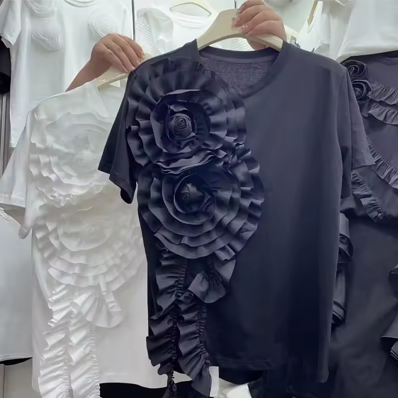 2026 Ropa Mujer Summer Tshirts for Women O-neck Temperament Casual Tees White 3D Floral Fashion T Shirts Korean Oversized Tops Products on AliExpress