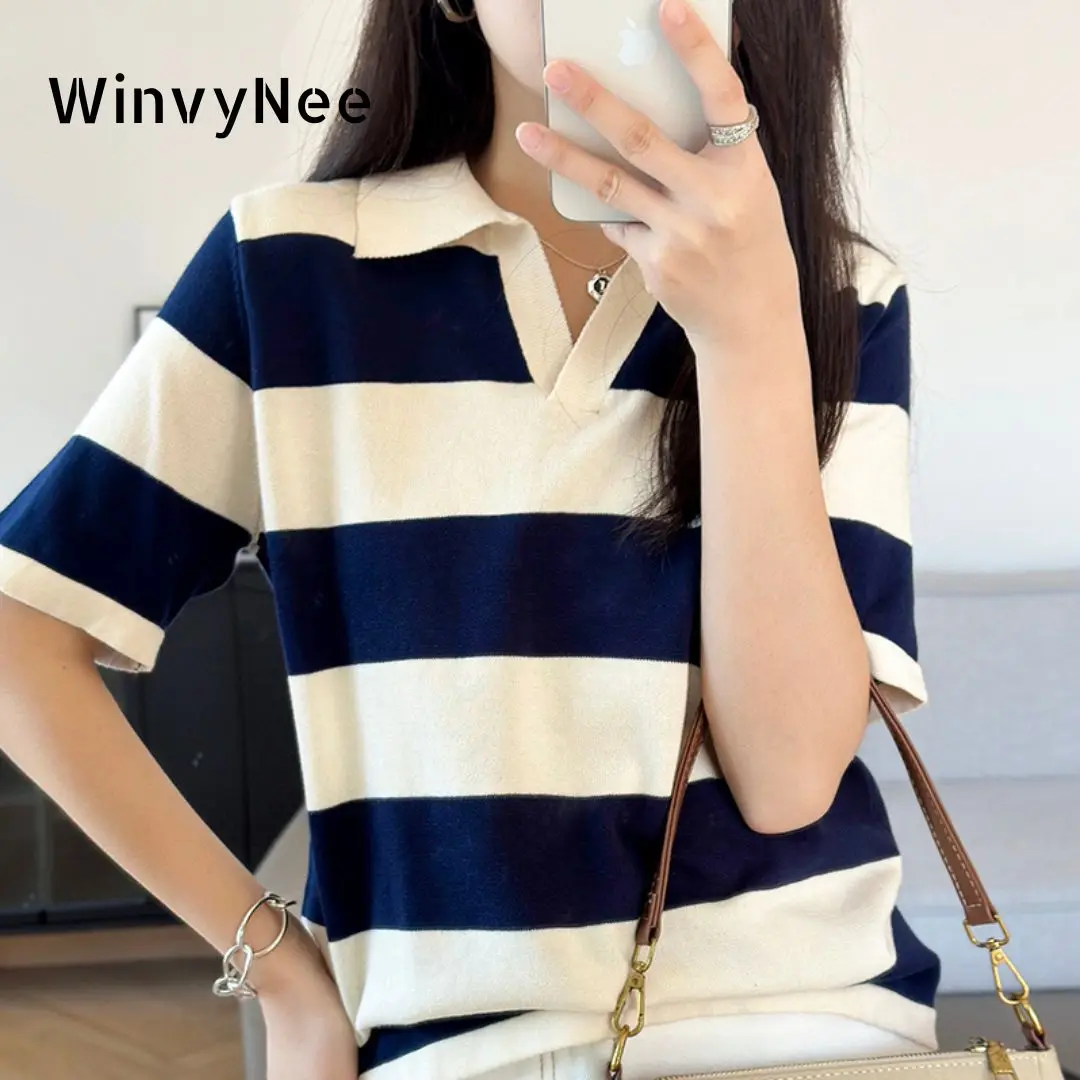 WinvyNee Summer Half Sleeved Women's Solid Polo Shirt Casual Cotton Striped Top T-shirt Women Clothing Casual Knitted A1002022