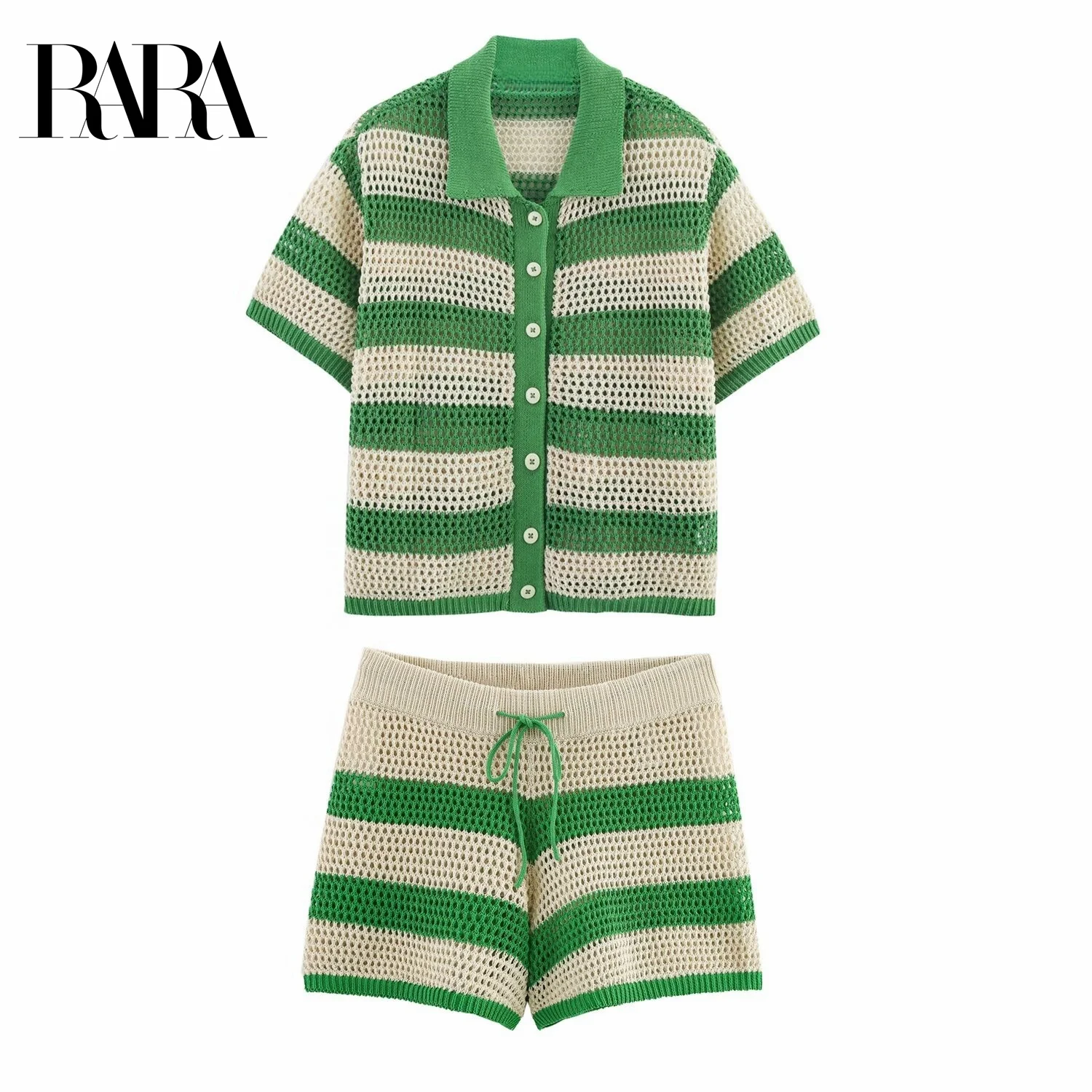 

RARA2025 Новая летняя повседневная легкая вязаная куртка-кардиган с короткими рукавами и воротником-поло с вязаными шортами на шнурке