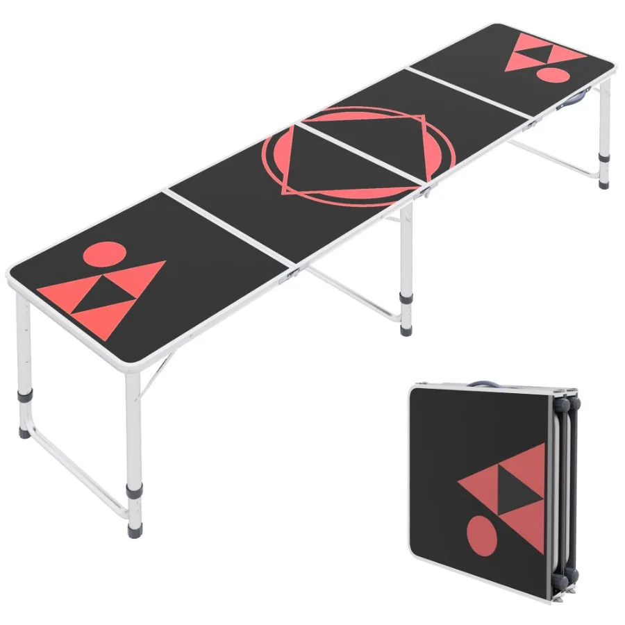 

8ft Portable Beer Pong Table with Adjustable Legs Folding Camping Table Aluminum Picnic Table for Party Travel BBQ Beach Black