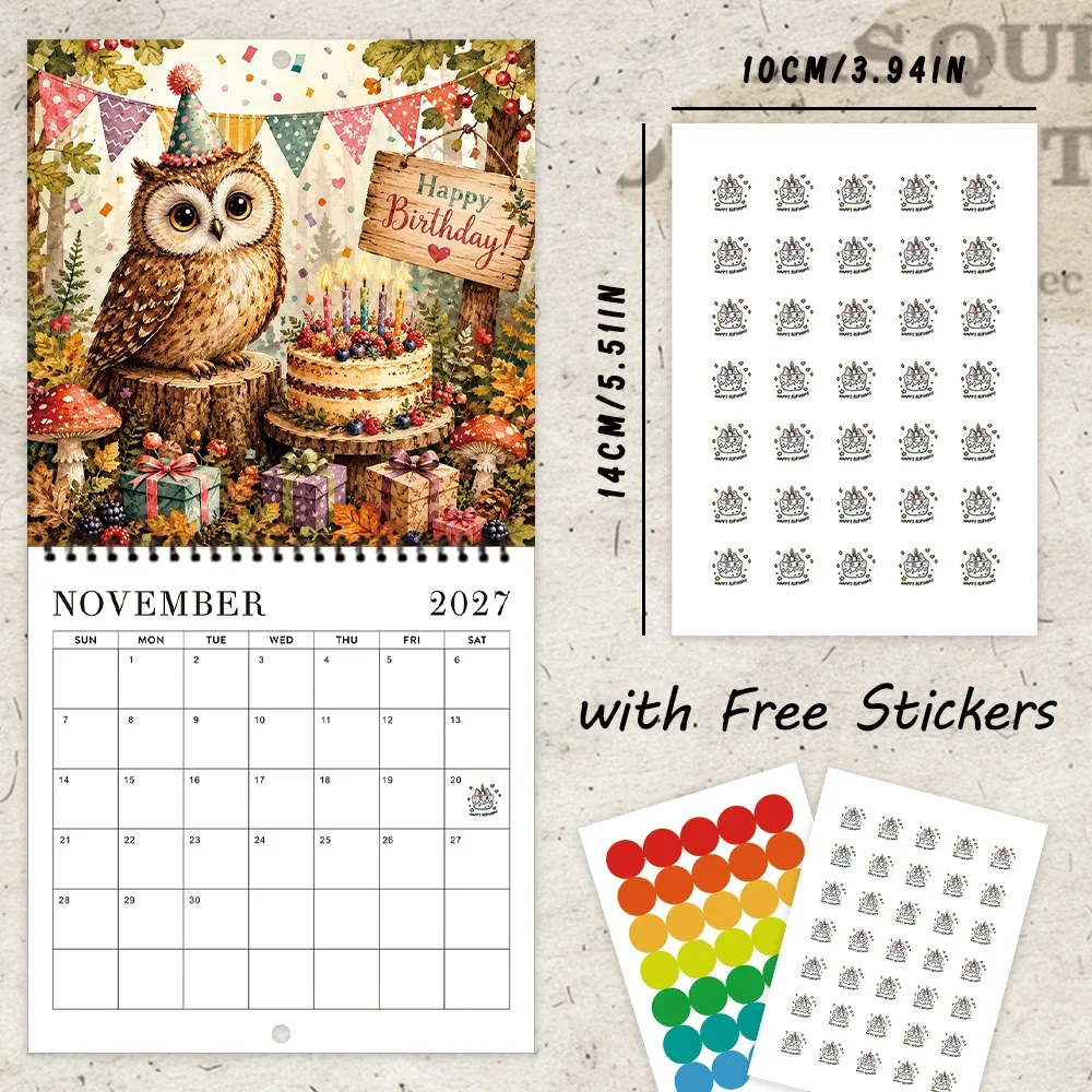 1pc 2027 Wishing Owl Wall Calendar,12‑Month Planner,Gift For Back‑to‑School,Christmas,New Year,Free Stickers Included