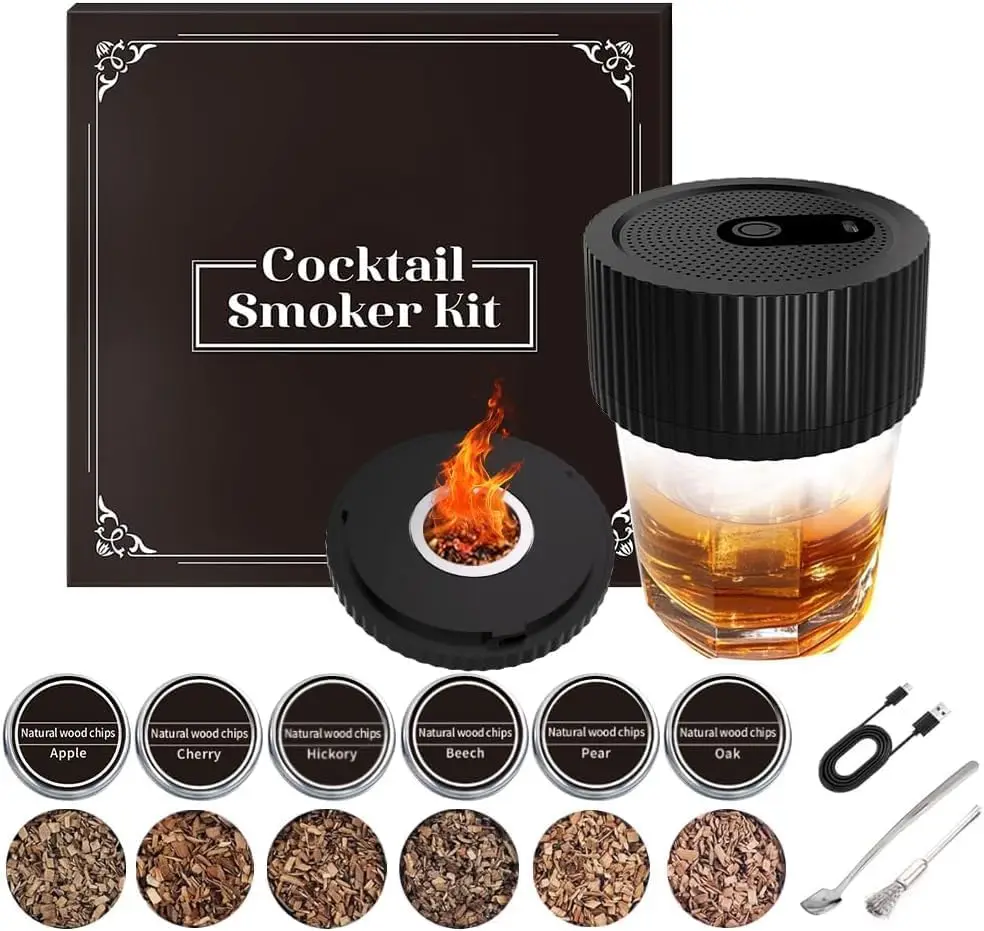 

Электрический набор для курильщика виски с 6 ароматизированными древесными чипсами, перезаряжаемый набор для коктейлей, встроенная зажигалка, бутан не требуется