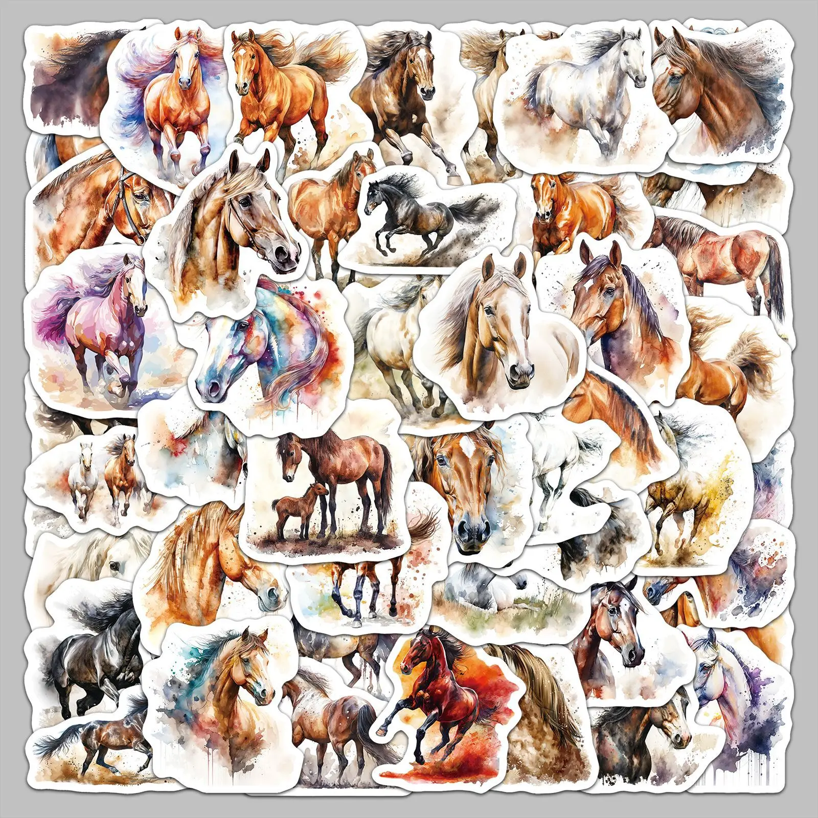Autocollant cheval créatif aquarelle, 50 pièces, Animal de dessin animé peint, Graffiti, matériel pour manuel, autocollant d'ordinateur, nouveauté 2025