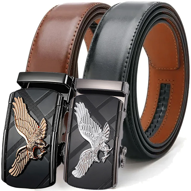Men Ratchet Click Genuine Leather Belt Male Business Jeans Fashion Casual Waistband Belt Eagle Automatic Buckle Black Brown Belt