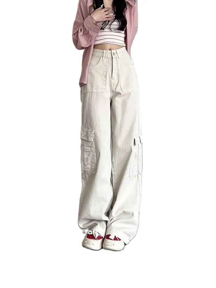 

Women Beige Vintage Cargo Jeans Harajuku 2000s Oversize High Waist Jeans Y2k 90s Punk Aesthetic Wide Denim Pants Grunge Clothes