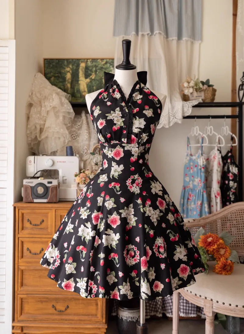 Japanese Lolita Style Summer New Retro Elegant Classic Dress Rojita Floral Hanging Neck Knee-Length Slim Fit Vestidos De Mujer