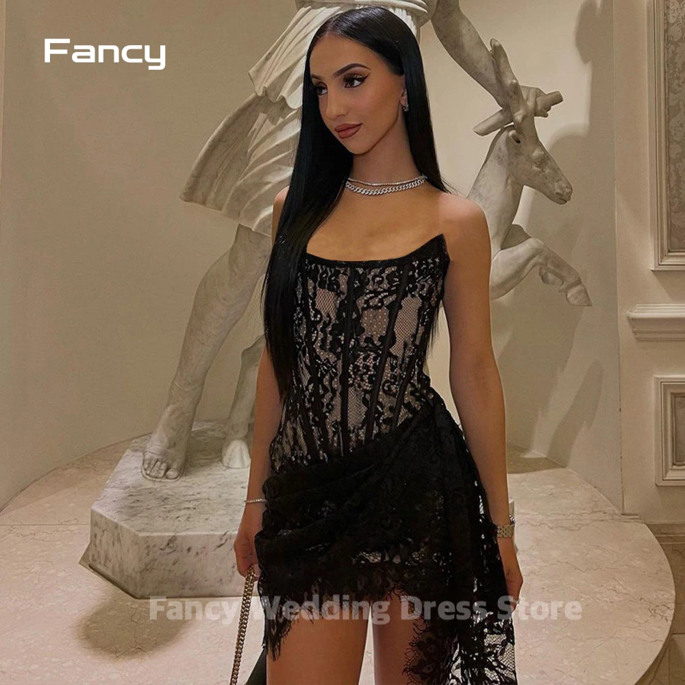 

Fancy Sexy Black Mini Short Prom Party Dresses Strapless Full Lace Corset Draped Cocktail Night Event Gowns Vestido de noche