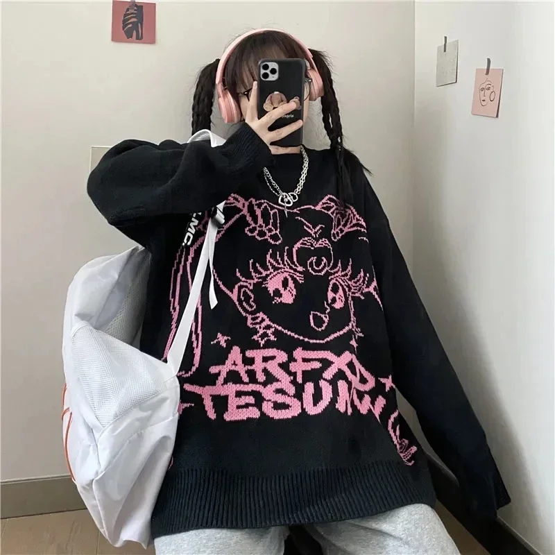 QNPQYX Gothic Streetwear Anime Print Knitted Sweater Women Harajuku Punk Hip Hop O-neck Oversize Long Sleeve Jumper Kawaii Top