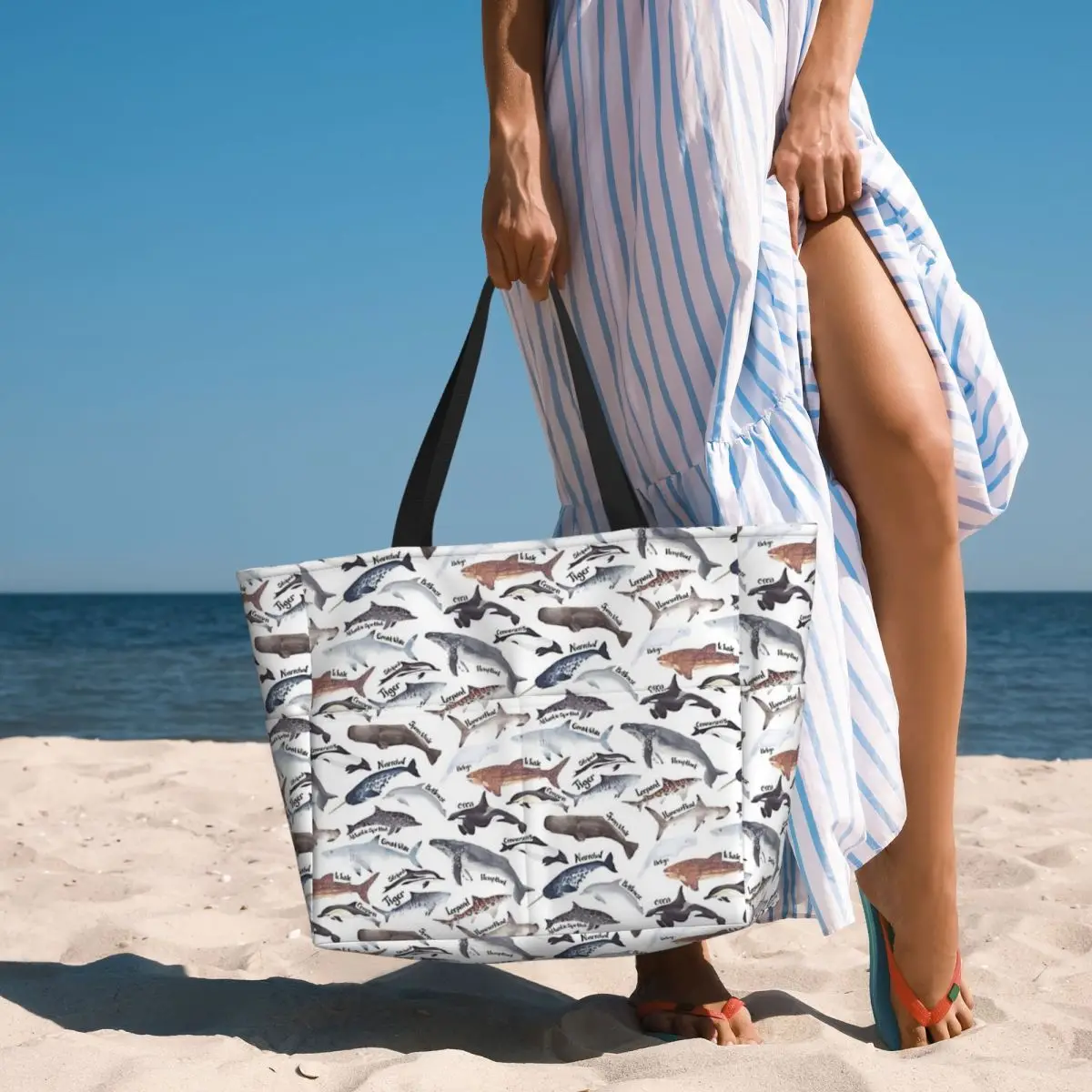 Types Of Whales, Sharks And Dolphins Watercolour Beach Tote Bag Sport Gym Yoga Duffle Large Tote Bag Women Travel Bag