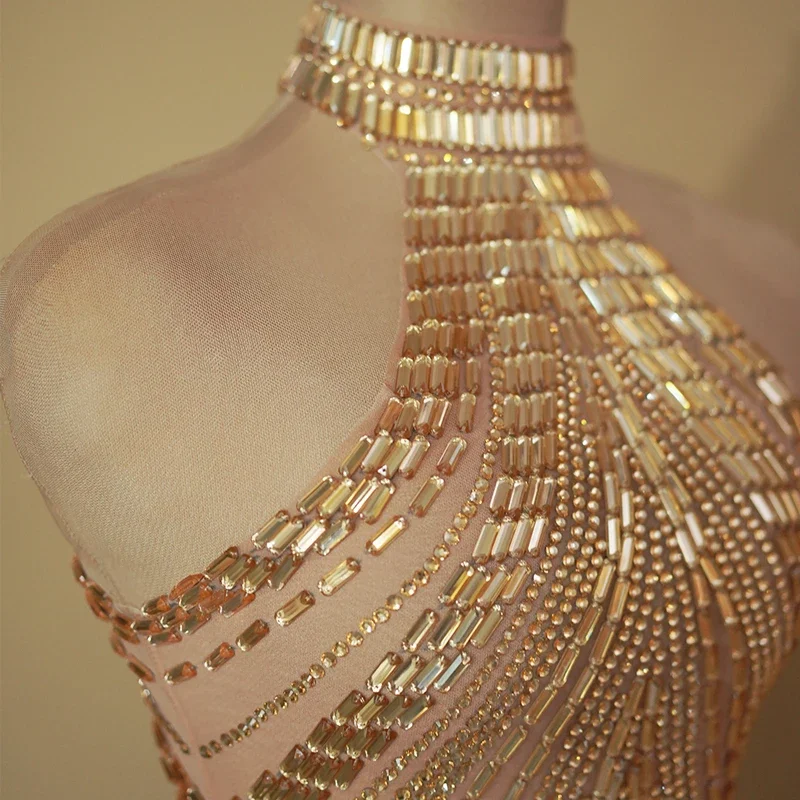 Gold Rhinestones Dress Gogo Costume Rave Outfit Women Dj Ds Pole Dance Clothing Stage Clubwear red gold club Sequins outfits