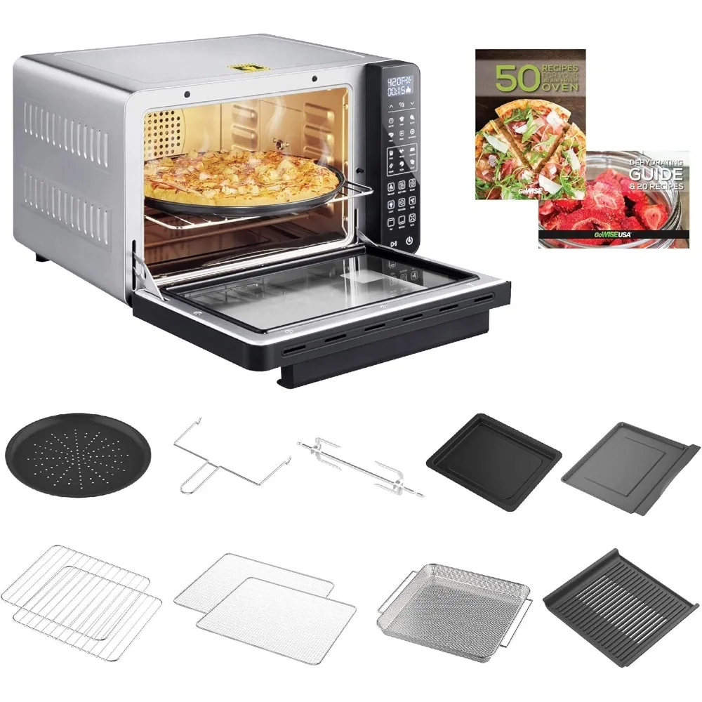 25-Quart Air Fryer Oven & Professional Dehydrator with 3 Heating Elements & Rotisserie,Preheat&5 Cooking Levels–Stainless Steel