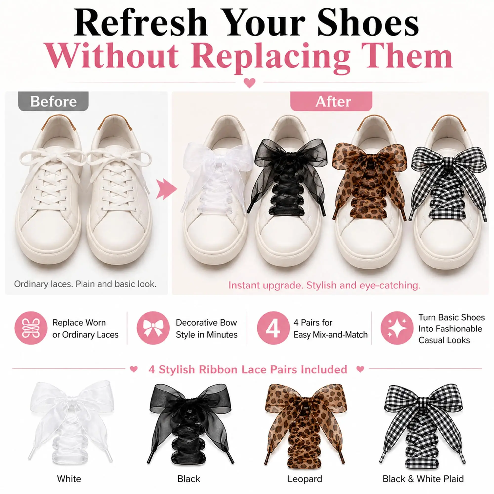 4 Pair Leopard Pattern Printed Ribbon Satin Shoelaces Sneaker Sport Casual Leather White Shoes Strings Canvas Shoes Laces