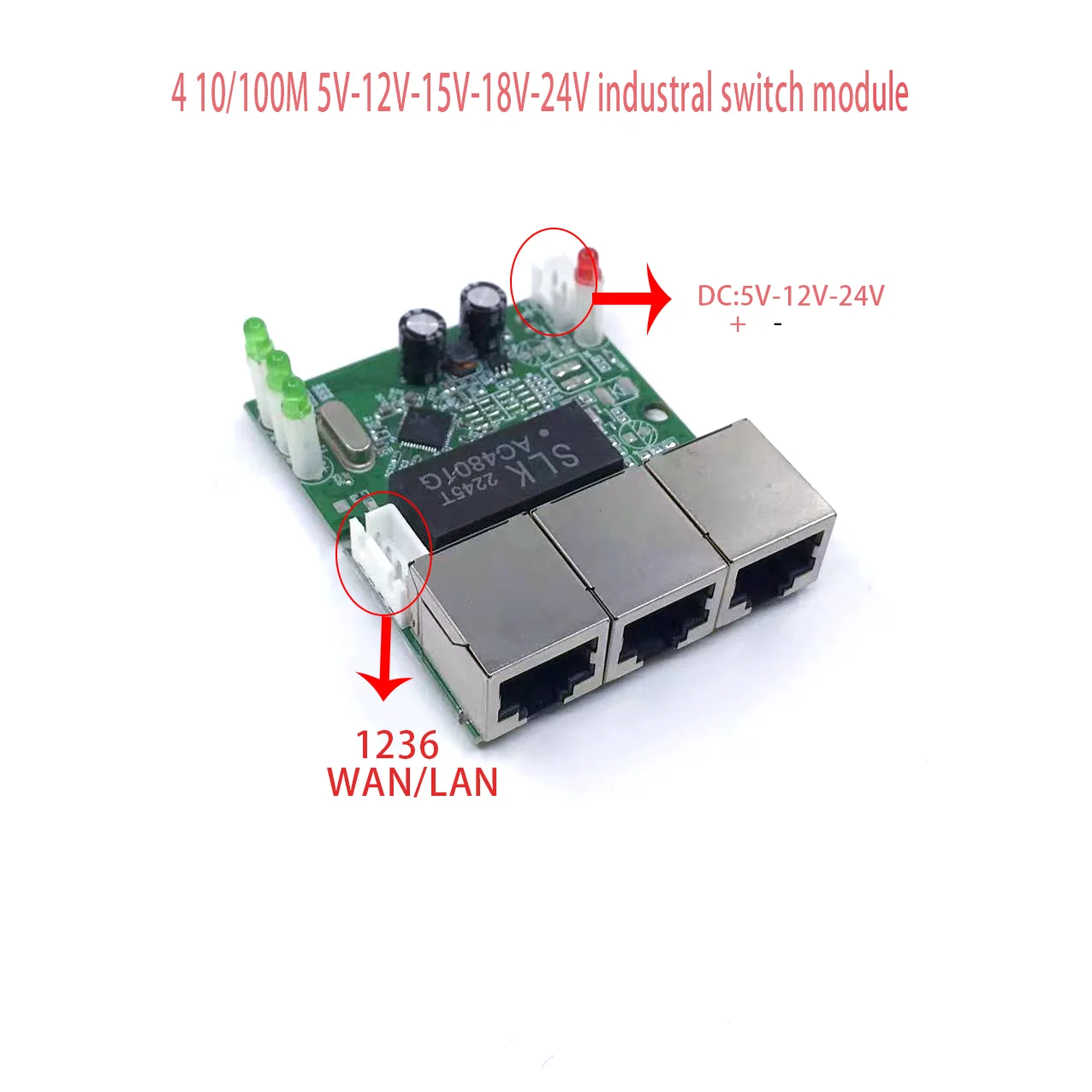 PCBA Mini 4port Networkmini modul sakelar ethernet 10/100Mbps 5V 12V 15V 18V 24V