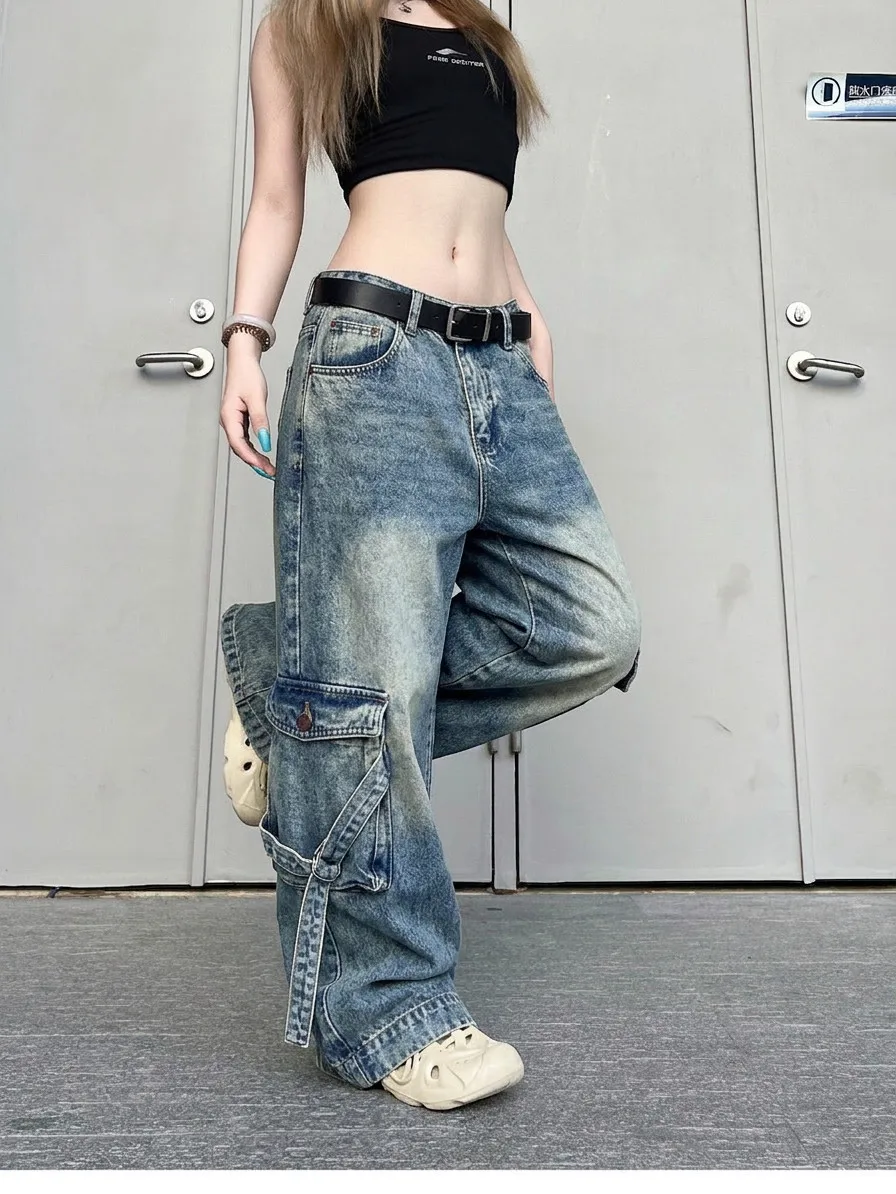 Women's Large Pocket Design Vibe Wide Leg Jeans Street Cool Girl Bottoms Casual Denim Pants Female High Waist Baggy Trousers