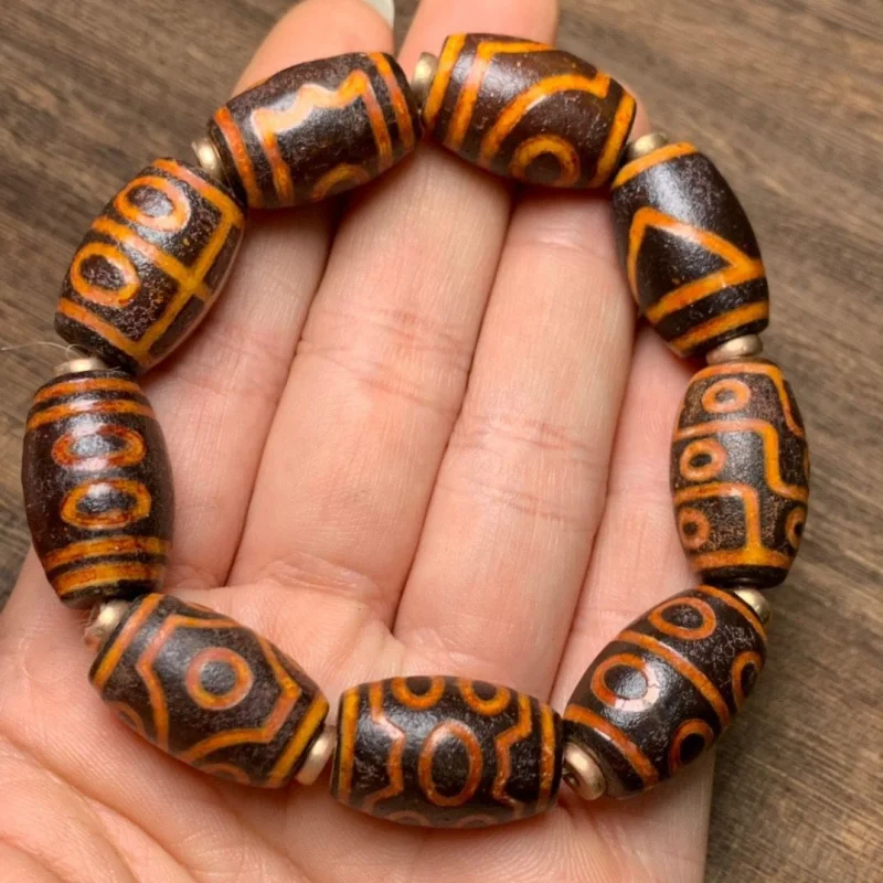 

New Tibetan Style Premium Weathered Yellow Old Agate One Eye--Nine-Eyed Family Portrait Dzi Bead Bracelet for Men and Women