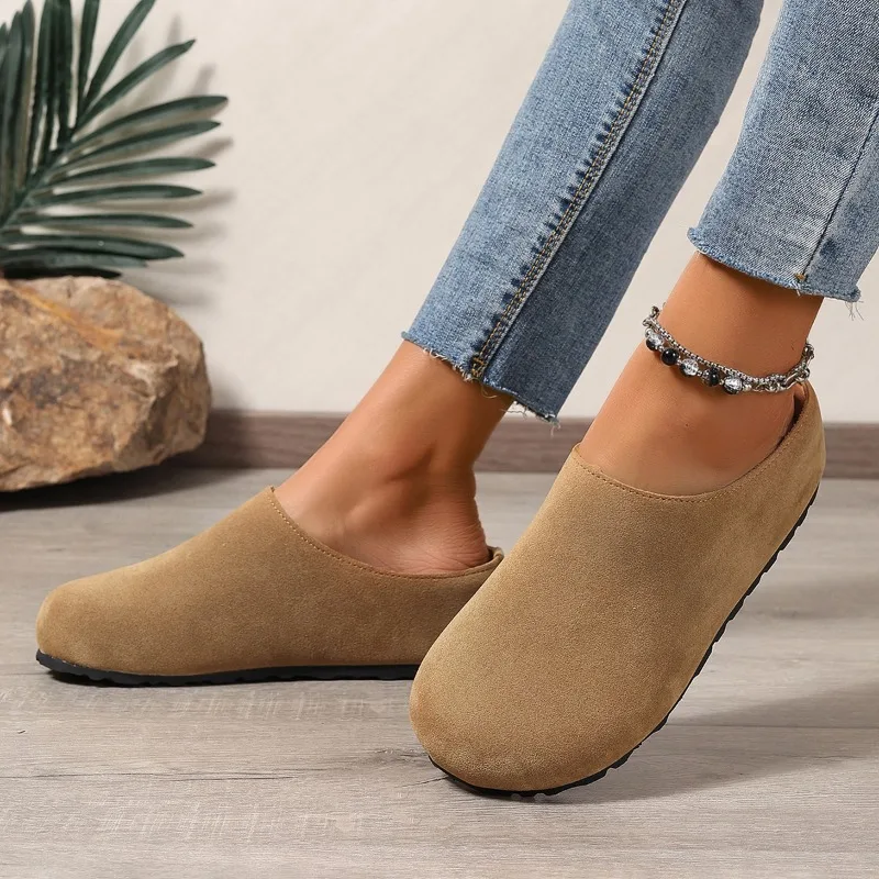 Новые женские тапочки с закрытым носком, замшевые сабо с круглым носком, однотонные женские туфли-лодочки в стиле ретро на толстой подошве, Zapatos De Mujer