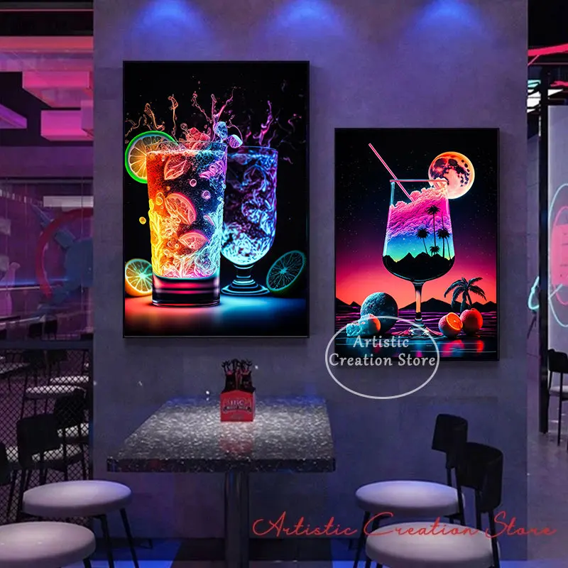 Abstract Colorful Neon Cocktail Drink Poster Print Canvas and Painting Wall Pictures for Bar Club Restaurant Kitchen Room Decor