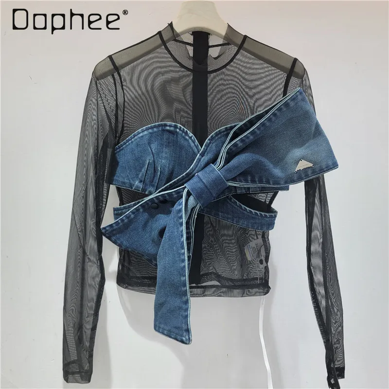 

Spring Summer New Hot Girl Y2K Denim Bow Stretch Mesh Fake Two-piece Top Women Street Style Sexy Slim Fit Trendy Long Sleeve Top