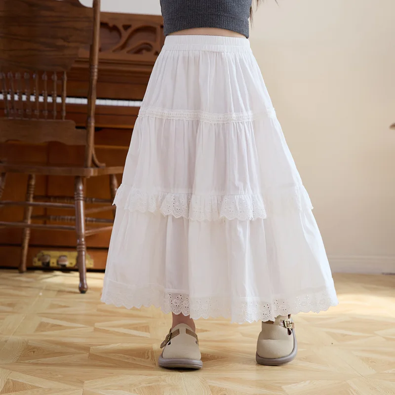 Girls Skirt 2026 Spring Summer White Skirt for Kids Hollow Floral Embroidery Hem A-Line Casual Kawaii Clothes Pleated Skirt