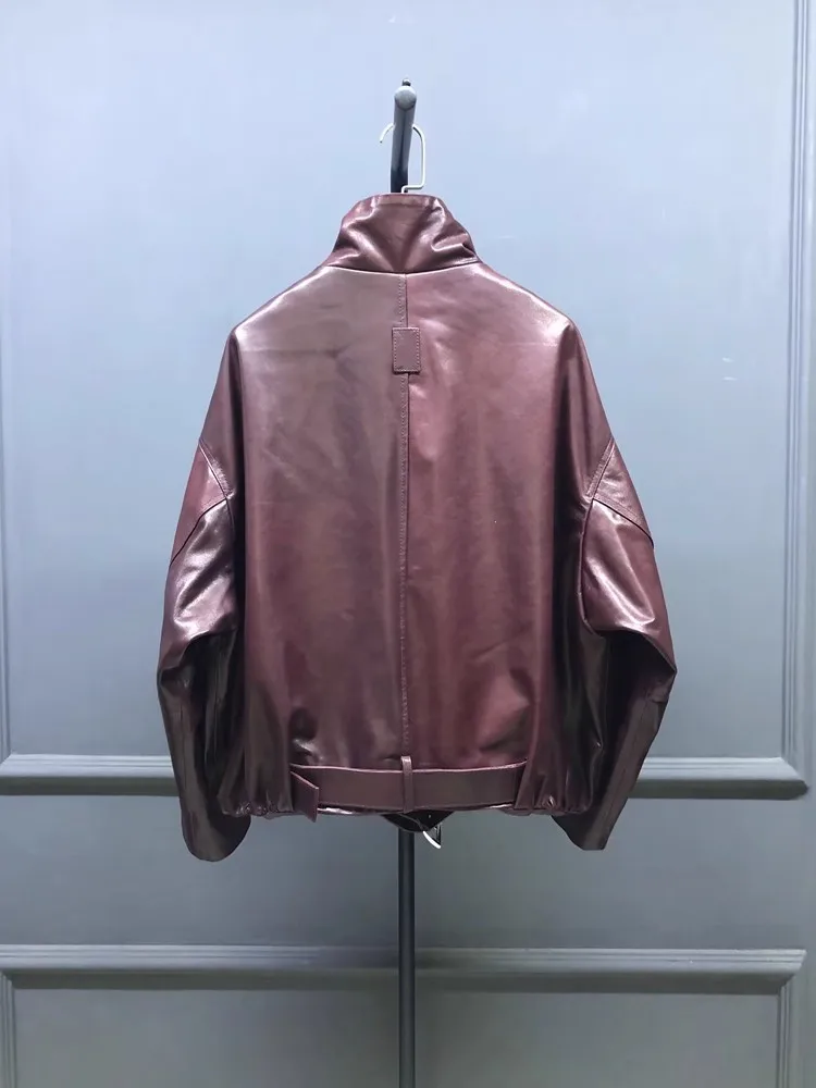 Top Quality Loose Fit Stand Collar Retro Genuine Leather Women Jacket Zipper Office Lady Autumn Real Sheepskin Outerwear Coats
