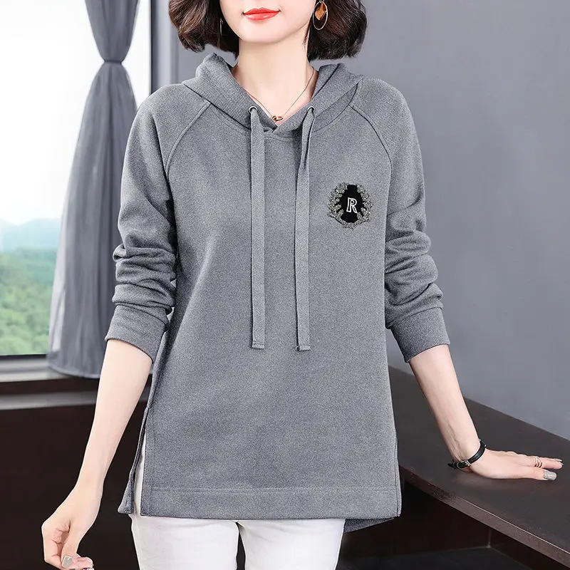 Women Korean Fashion Appliques Rhinestone Hooded Sweatshirts 2024 Spring Autumn Female Casual Long Sleeve Loose Pullover Hoodies