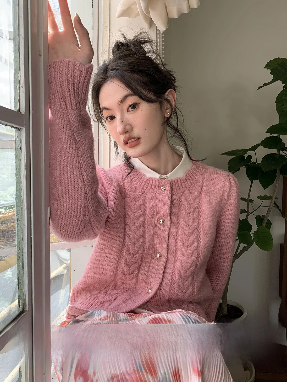 

Sweet Ruffle Collar Knitted Open Cardigan Women's Loose ort Sle Autumn New Arrival Sweater Jaet by Ni Hao