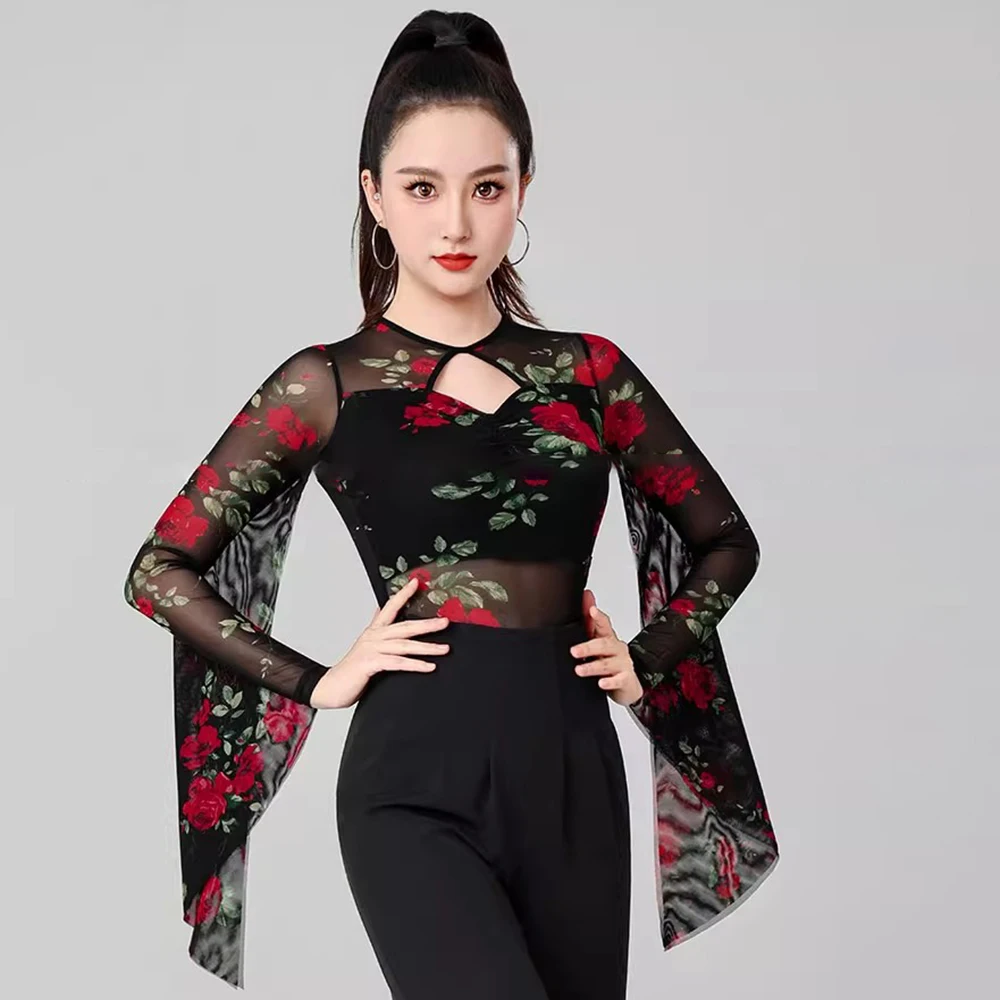 Damskie bluzki do tańca latynoamerykańskiego na występy, koszulki do tańca towarzyskiego, trykoty, bluzki z długim rękawem do walca, nowoczesne stroje taneczne, kostiumy, 2025