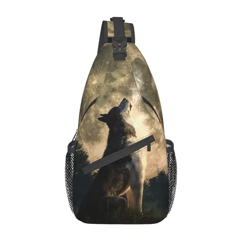 Custom Howling Wolf Sling Bags for Men Cool Wild Animal Shoulder Crossbody Chest Backpack Cycling Camping Daypack