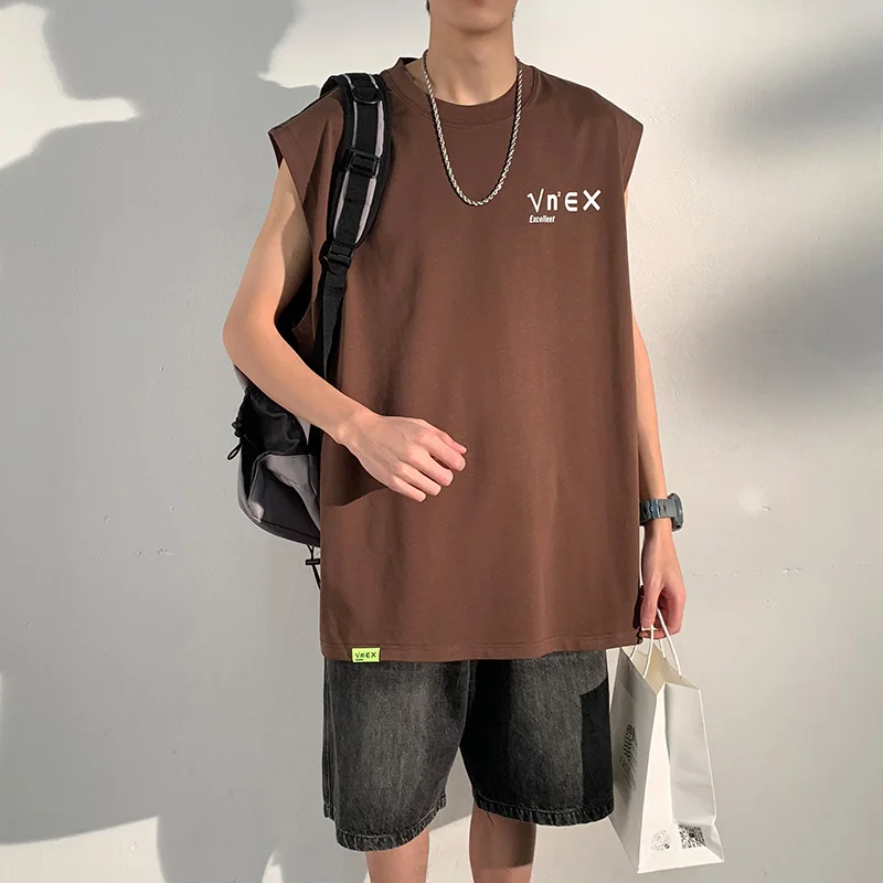 

Elegant Fashion Harajuku Slim Fit Male Clothes Loose Casual Sport All Match T-shirts O Neck Pure Cotton Sleeveless Tank Tops