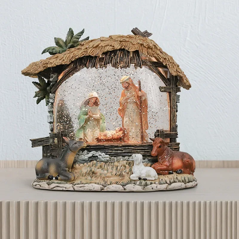 New Year Spring Festival Gifts Christmas Religious Ornaments Export Holy Family Manger Water Light Ambience Music Box Scene