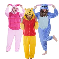 Stitch Pluto Winnie Bear Onesies Kigurumi Animal Piglet Tigger Winter Pajamas Adults Hooded Anime Pijama Jumpsuits Sleepwear