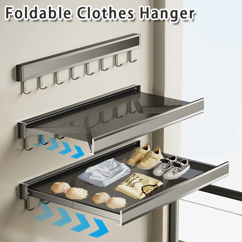 

Foldable Clothes Hanger Wall Mounted Traceless Socks Underwear Drying Rack with Hooks Space-Saving Balcony Laundry Drying Rack