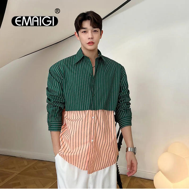 Net Celebrity Fashion Show Shirt Men Splice Stripe Loose Casual Vintage Long Sleeve Shirt Male Stage Clothing Korean Style Shirt